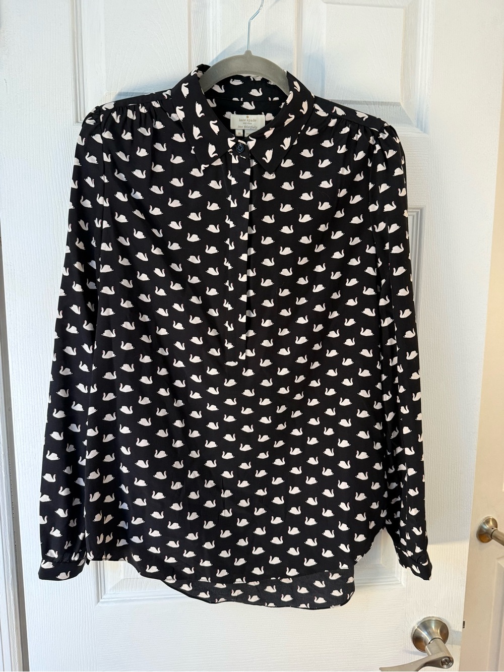 kate spade Black Button-Down Blouse with White Swan Print